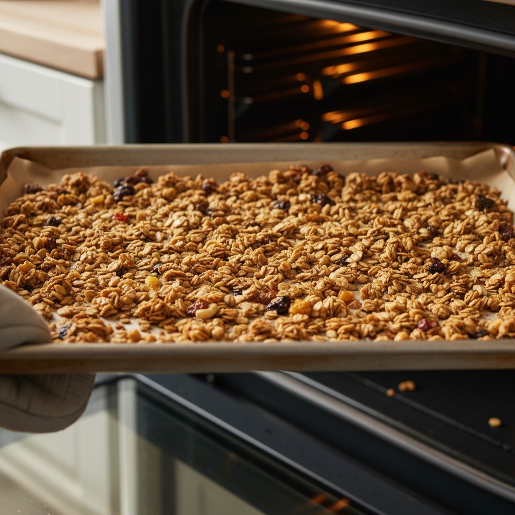 Sheet pan of golden brown granola from the oven