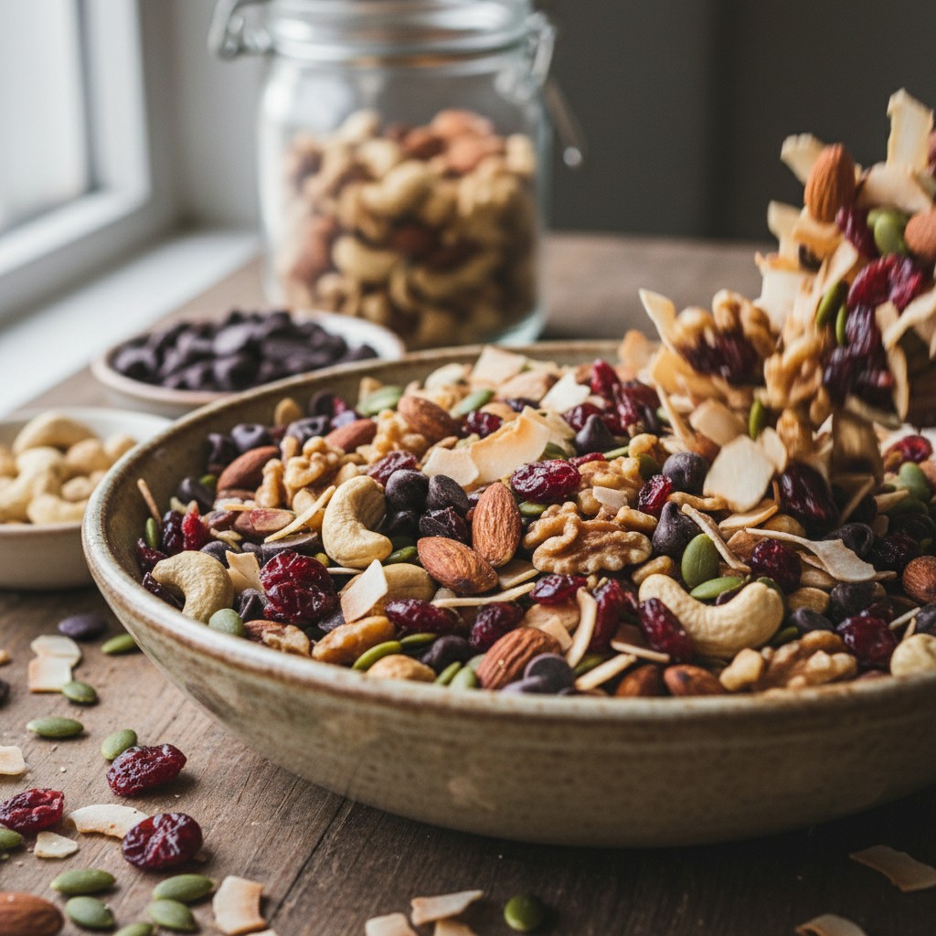 Homemade trail mix being assembled in a bowl