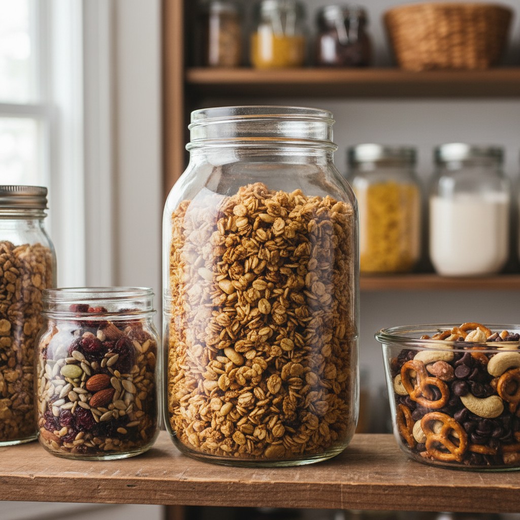 Homemade granola in a glass jar on a pantry shelf