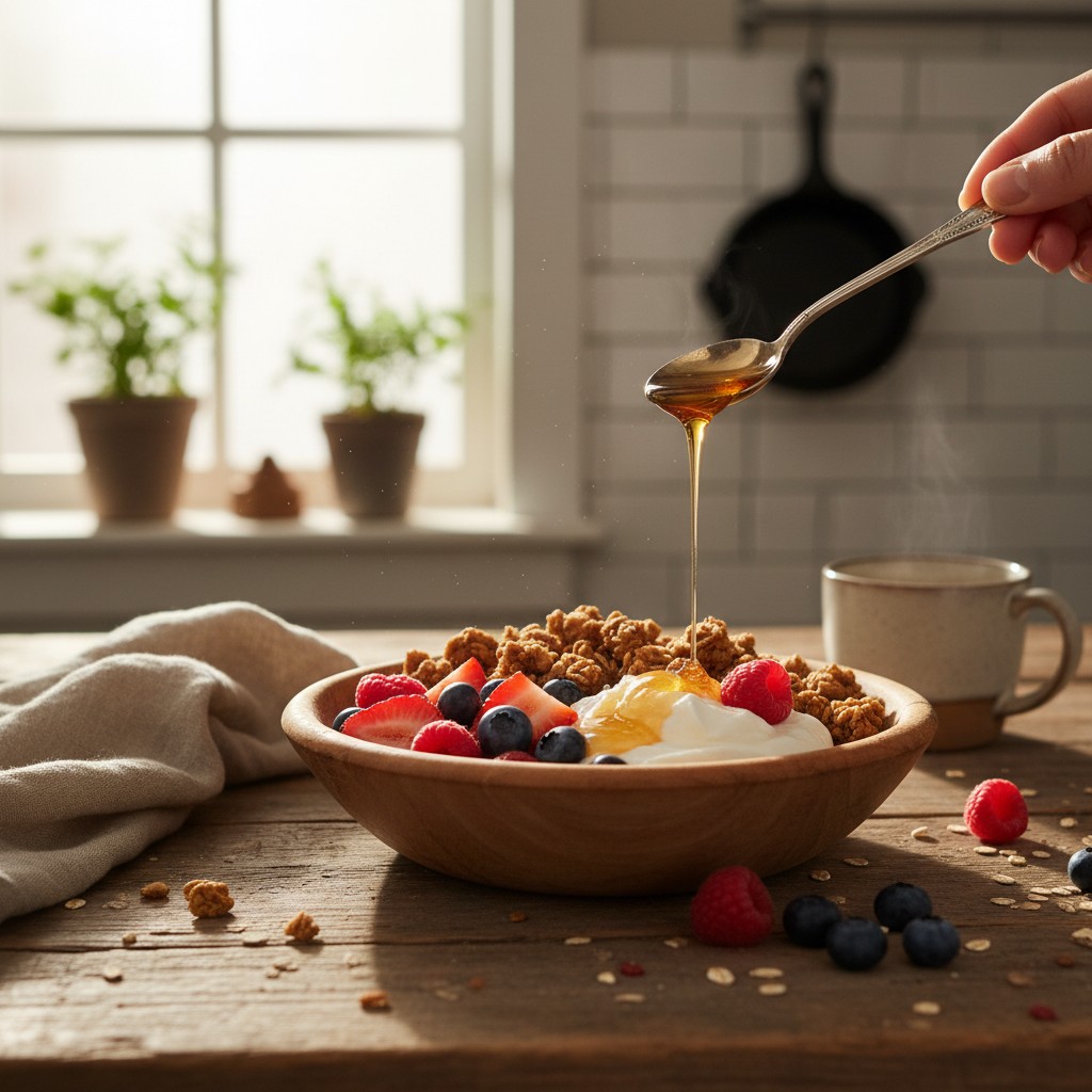 Breakfast bowl of granola with berries and yogurt