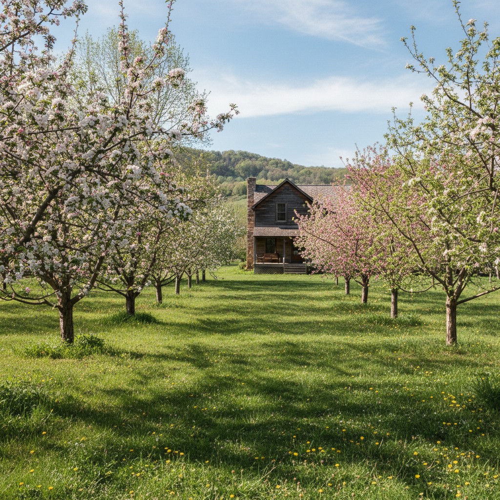 Small backyard orchard with apple, pear, and cherry trees