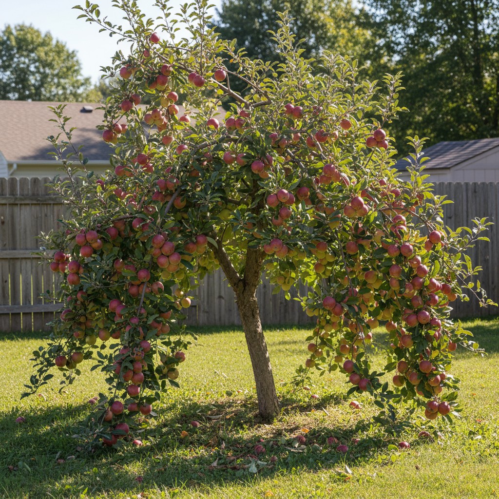 Semi-dwarf apple tree loaded with ripe red apples