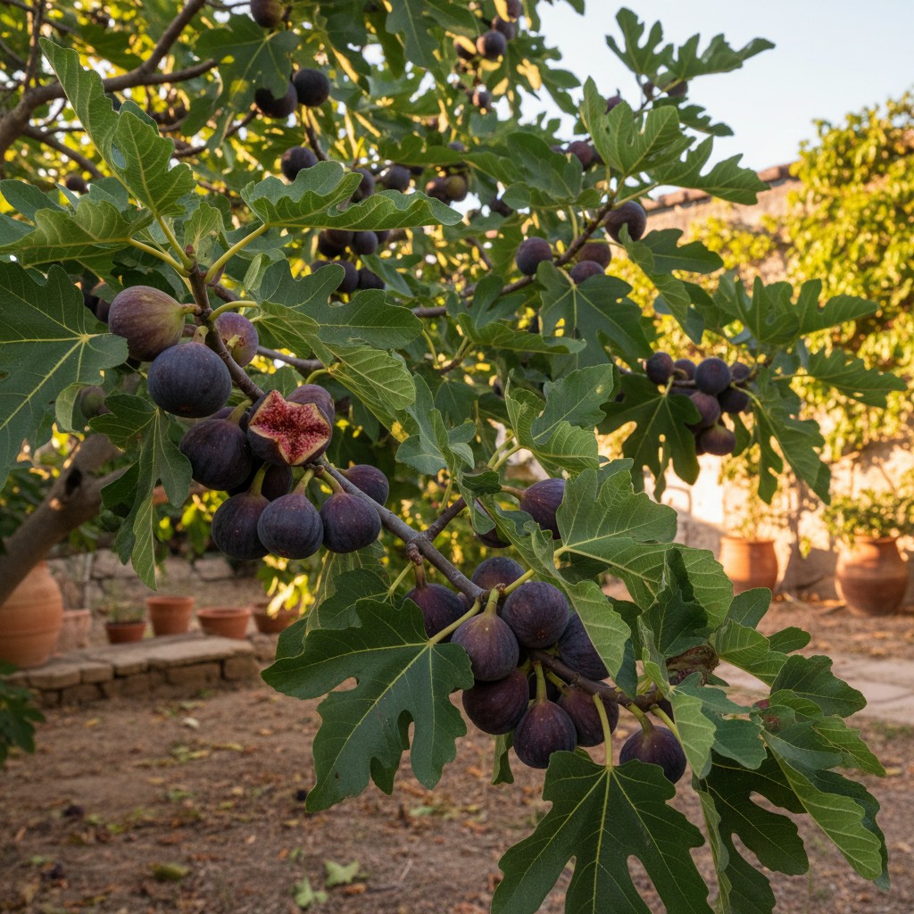 Fig tree with ripe purple figs among large leaves