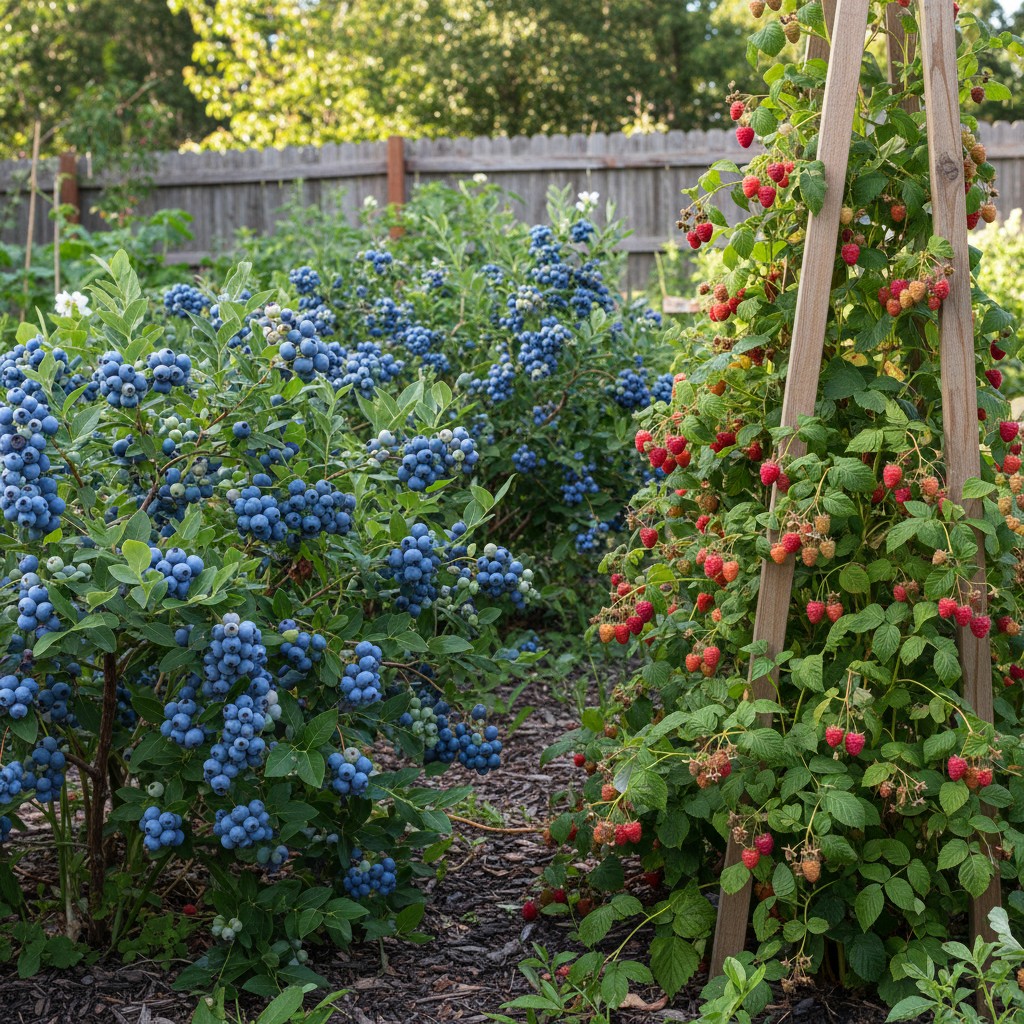 Blueberry bushes and raspberry trellis with ripe berries