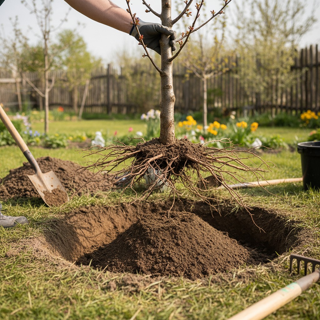 Bare-root fruit tree being planted with graft union above soil