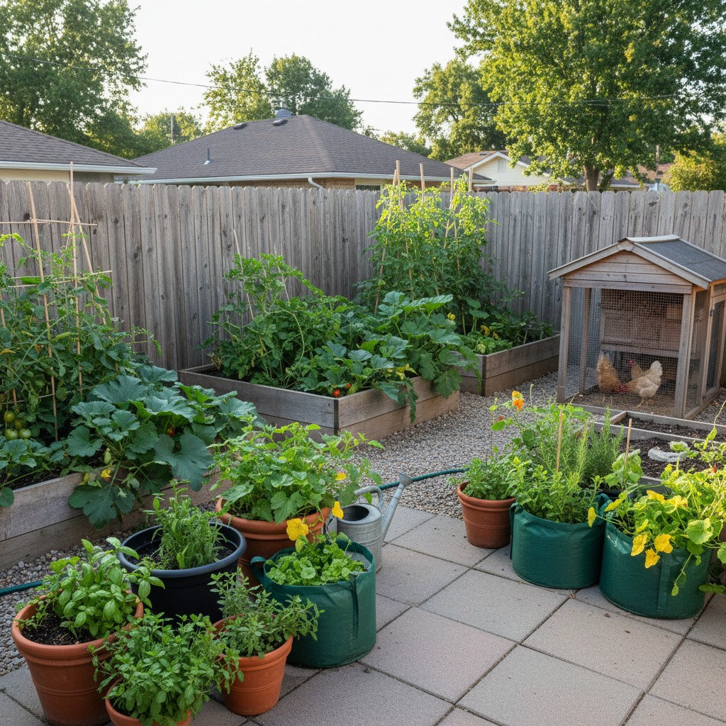 Productive vegetable garden in a suburban backyard