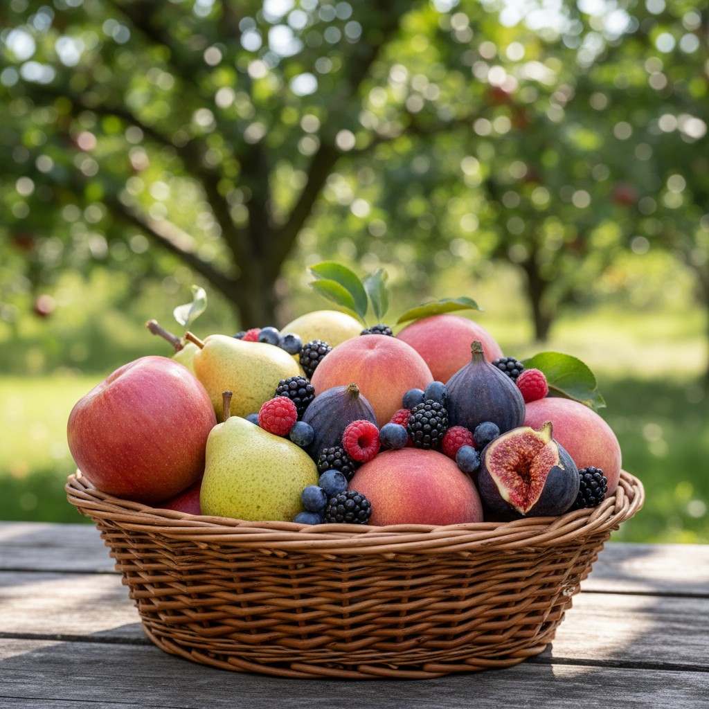 Harvest basket with mixed homegrown fruit