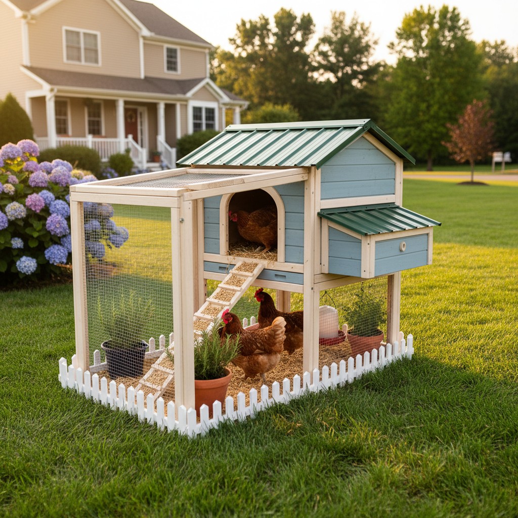 Three hens in a small suburban coop