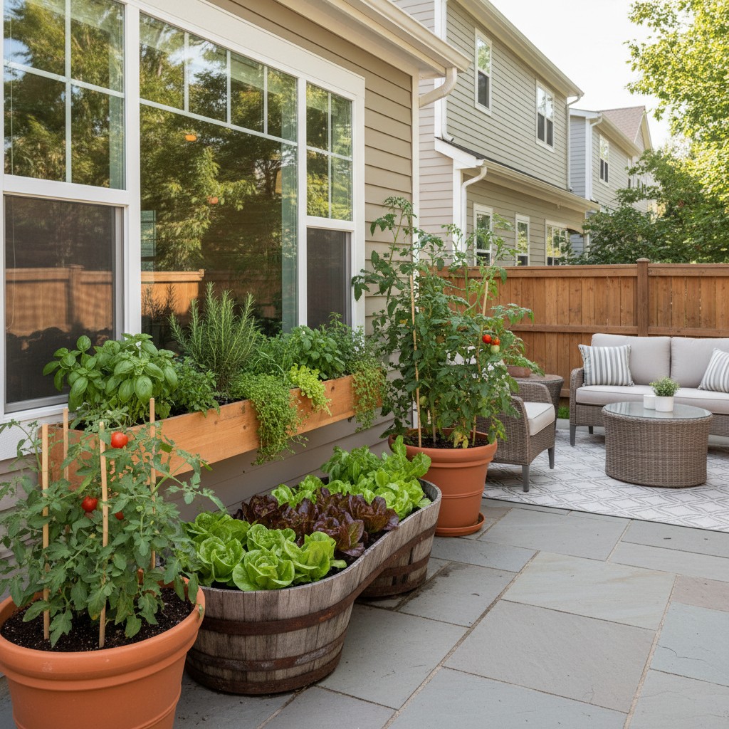 Patio container garden with tomatoes and herbs