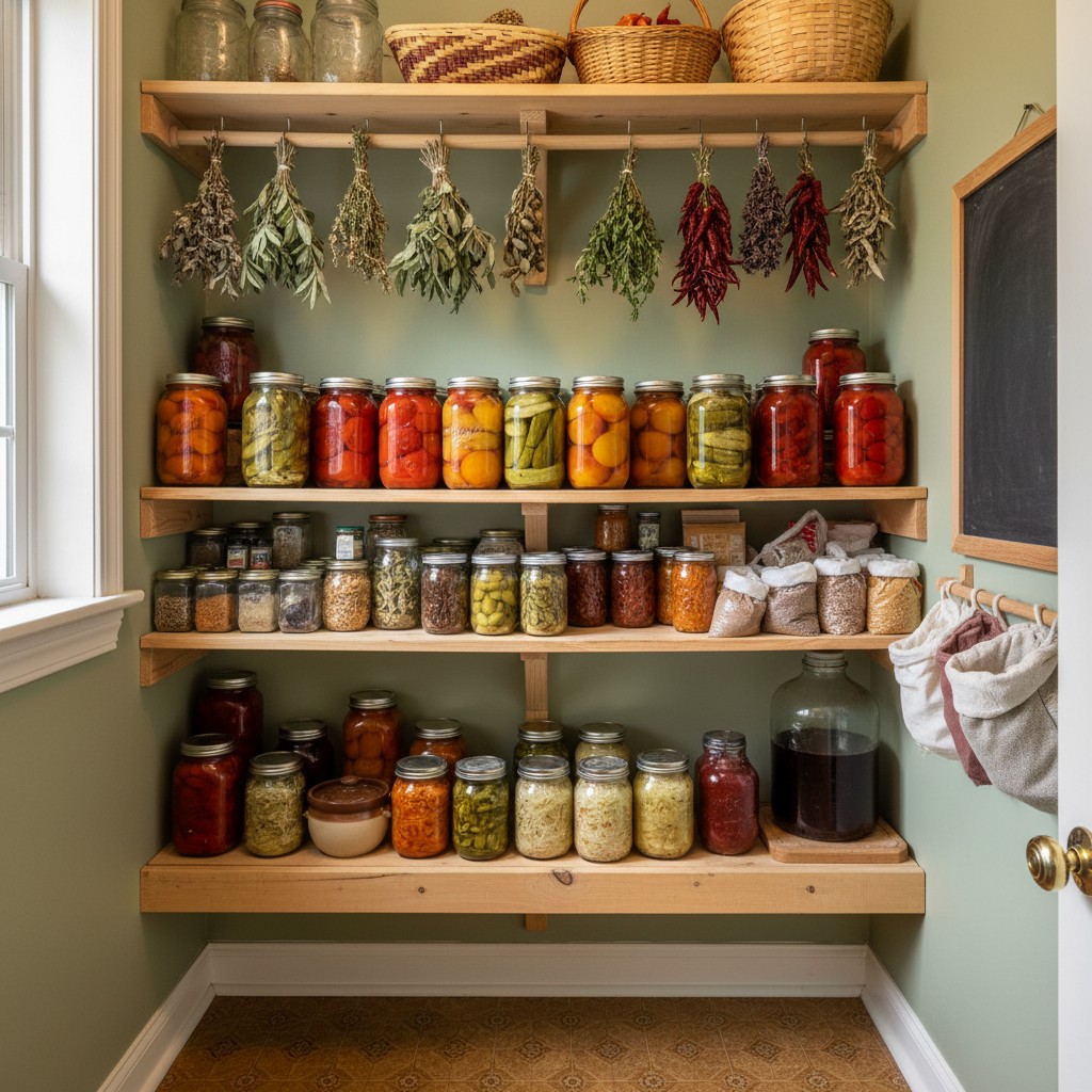 Small pantry with canned goods and ferments