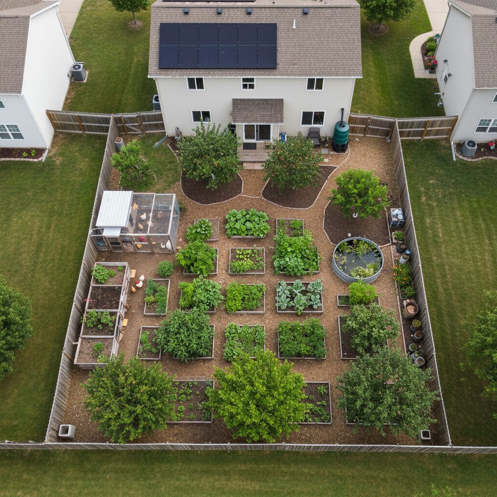 Overhead view of efficient suburban homestead layout