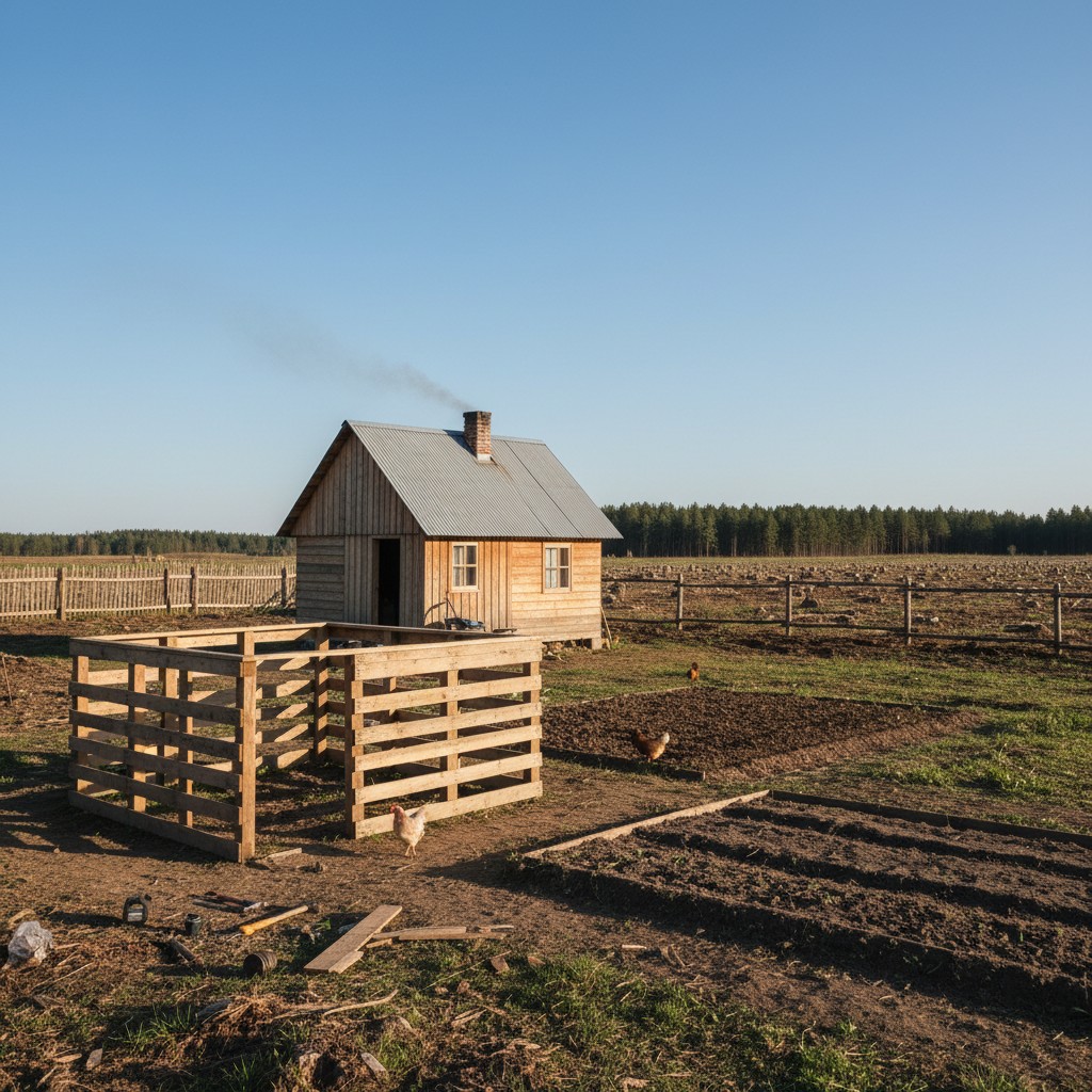 Modest first-year homestead with simple garden and coop