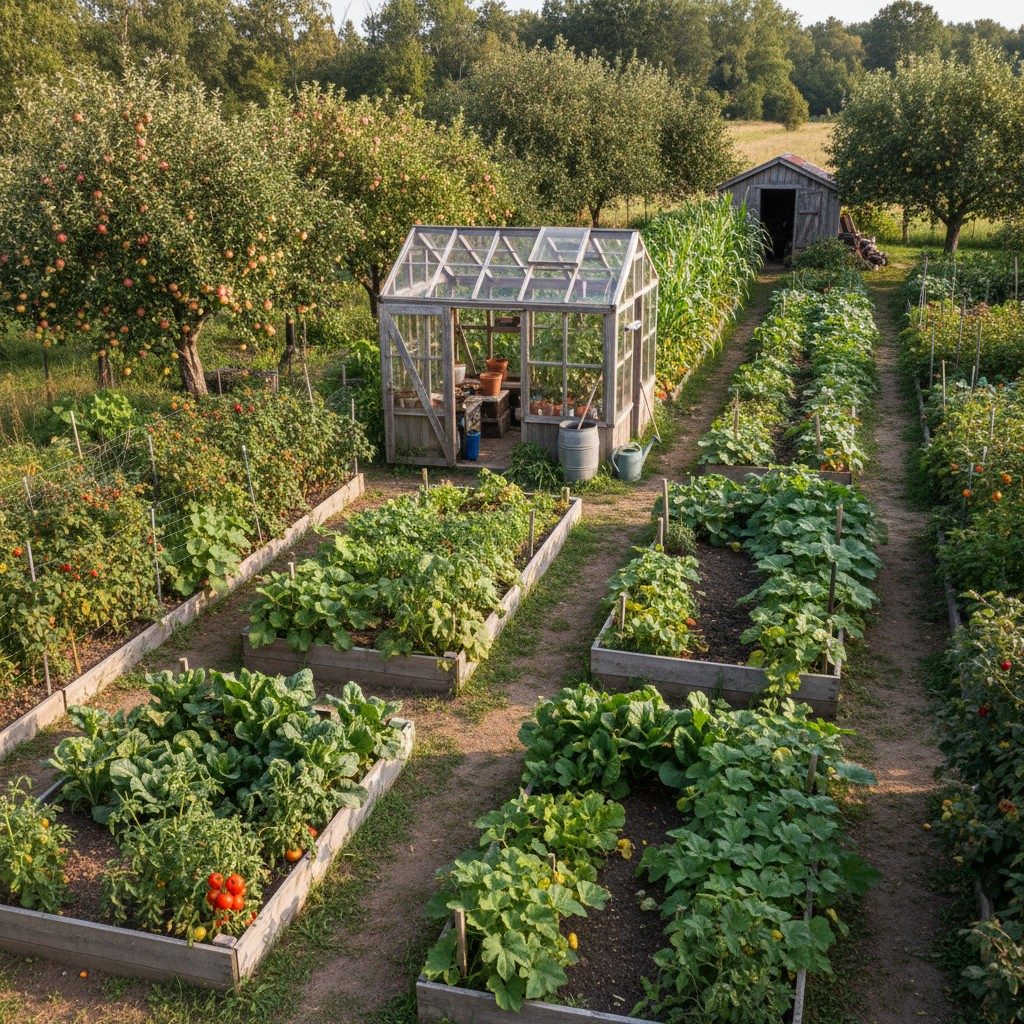 Large productive garden with greenhouse and berry patch
