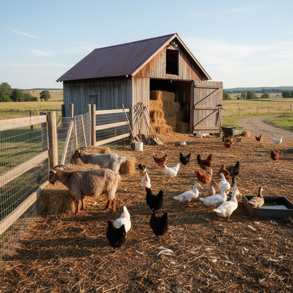 Small barnyard with goats, chickens, and ducks