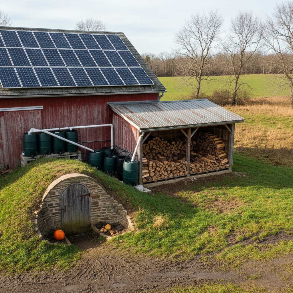 Solar panels, rainwater system, woodshed, root cellar