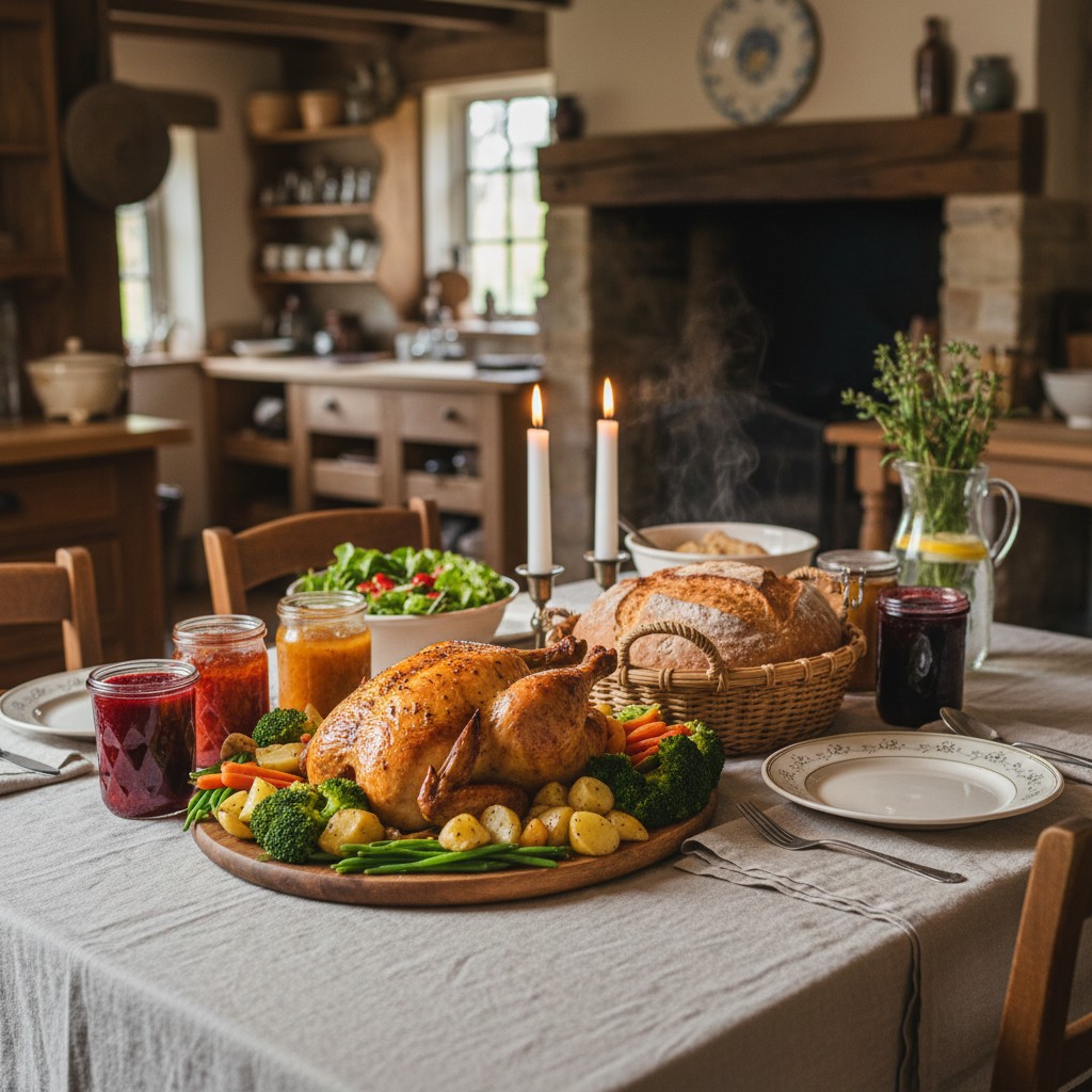 Farmhouse dinner table with home-raised food