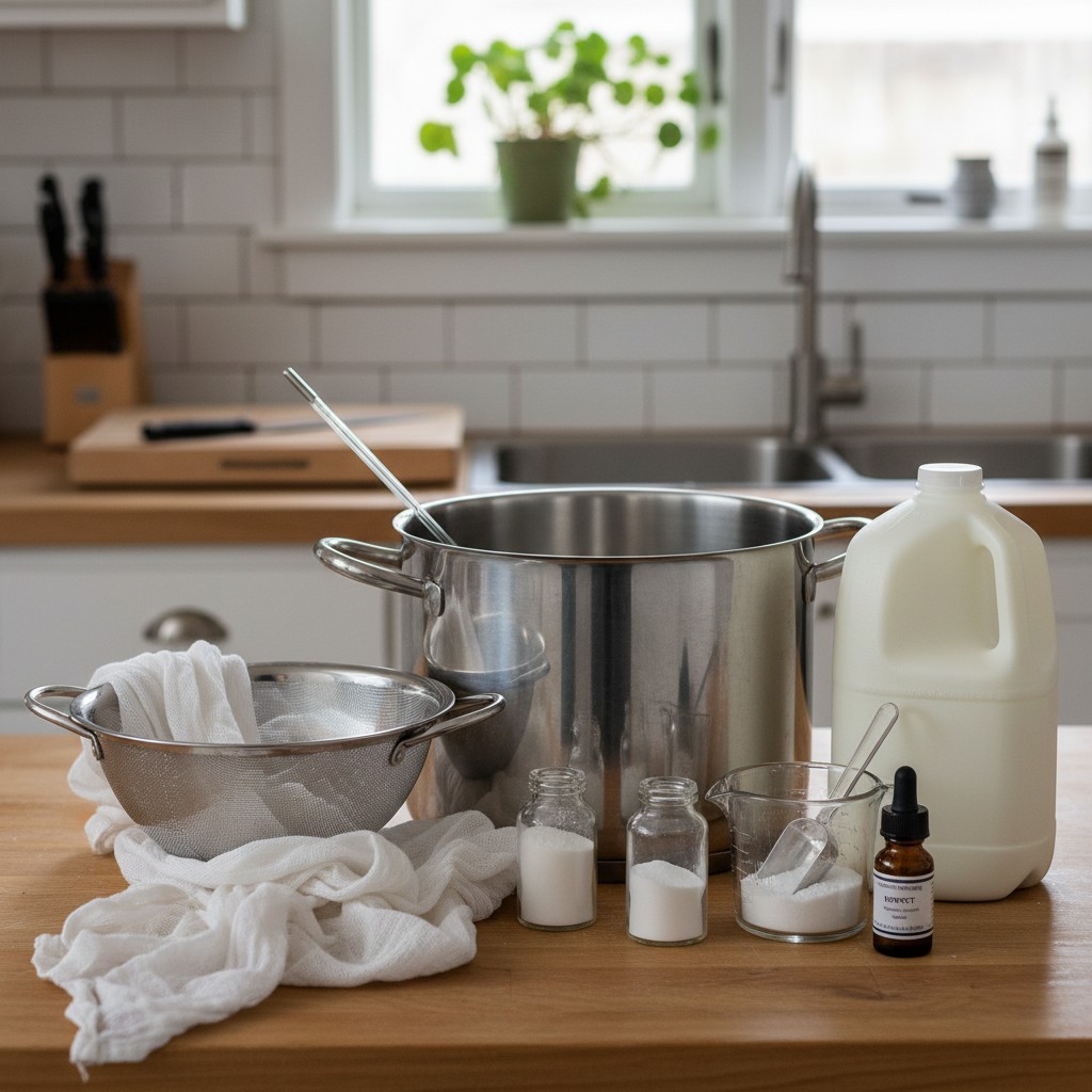 Cheesemaking supplies: pot, thermometer, cheesecloth, citric acid, rennet, milk