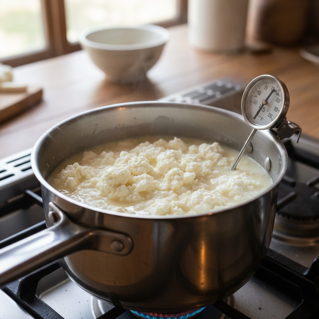 Curds forming in heated milk for ricotta