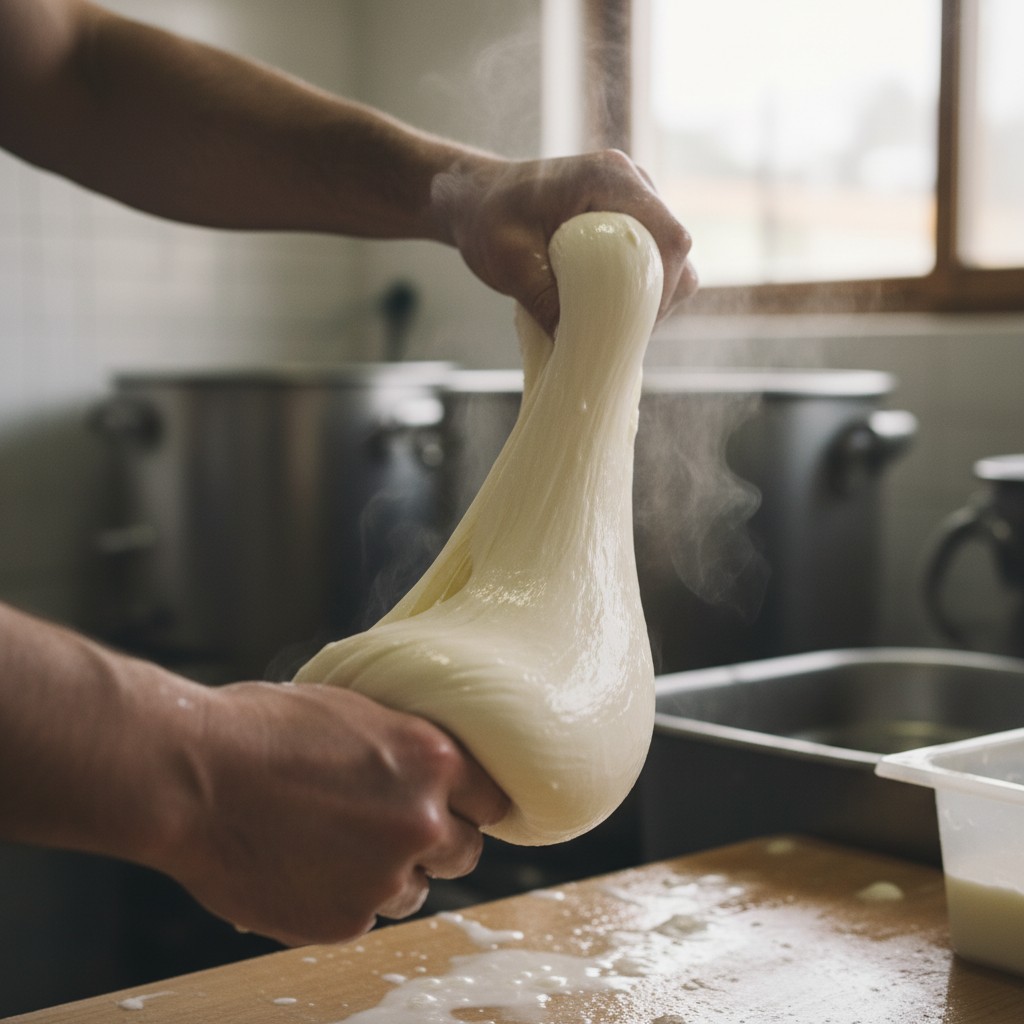 Fresh mozzarella being stretched by hand