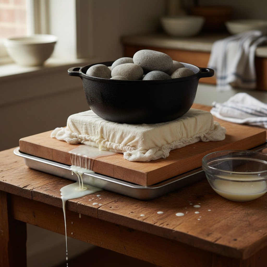 Paneer being pressed between cutting boards