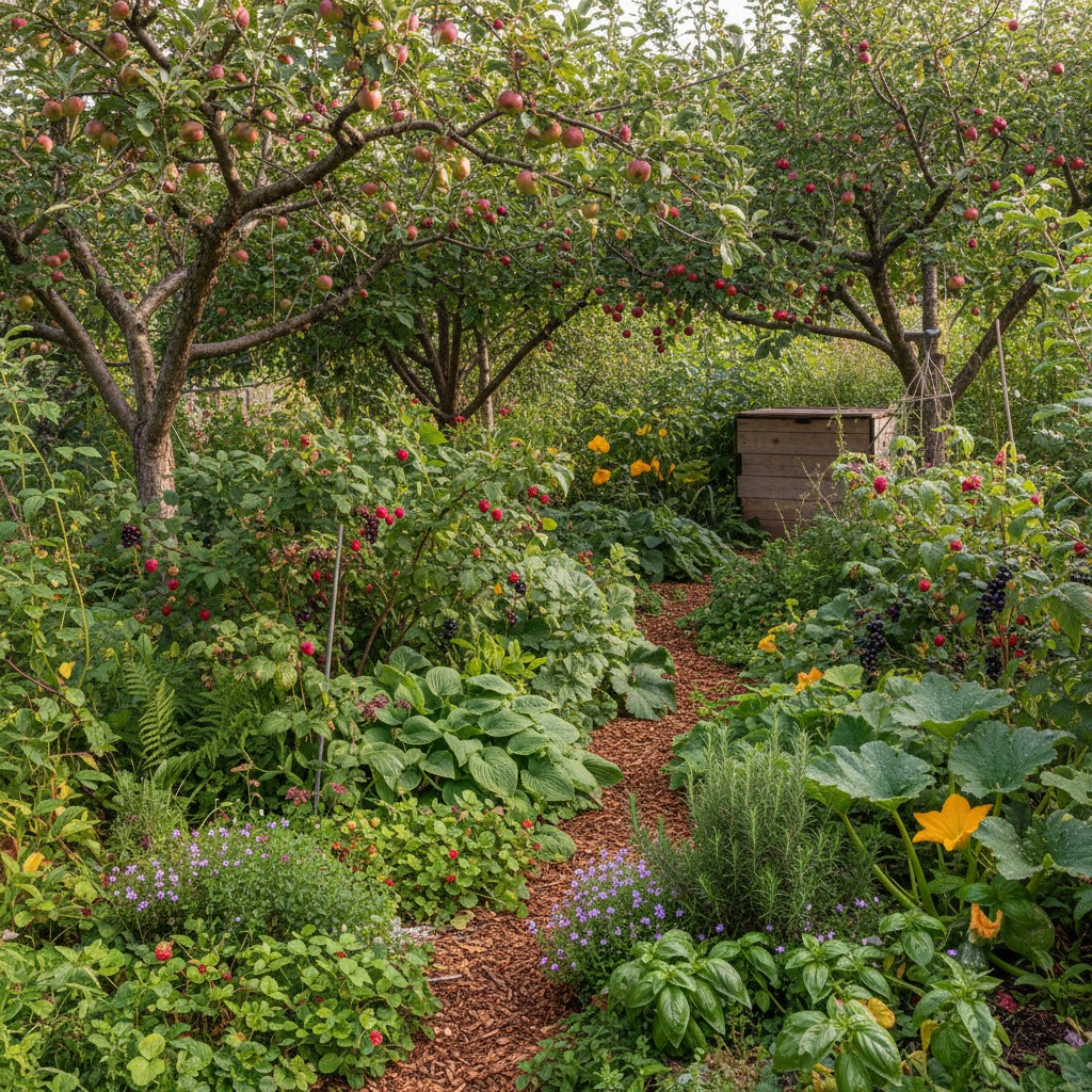 Mature backyard food forest with layered plantings