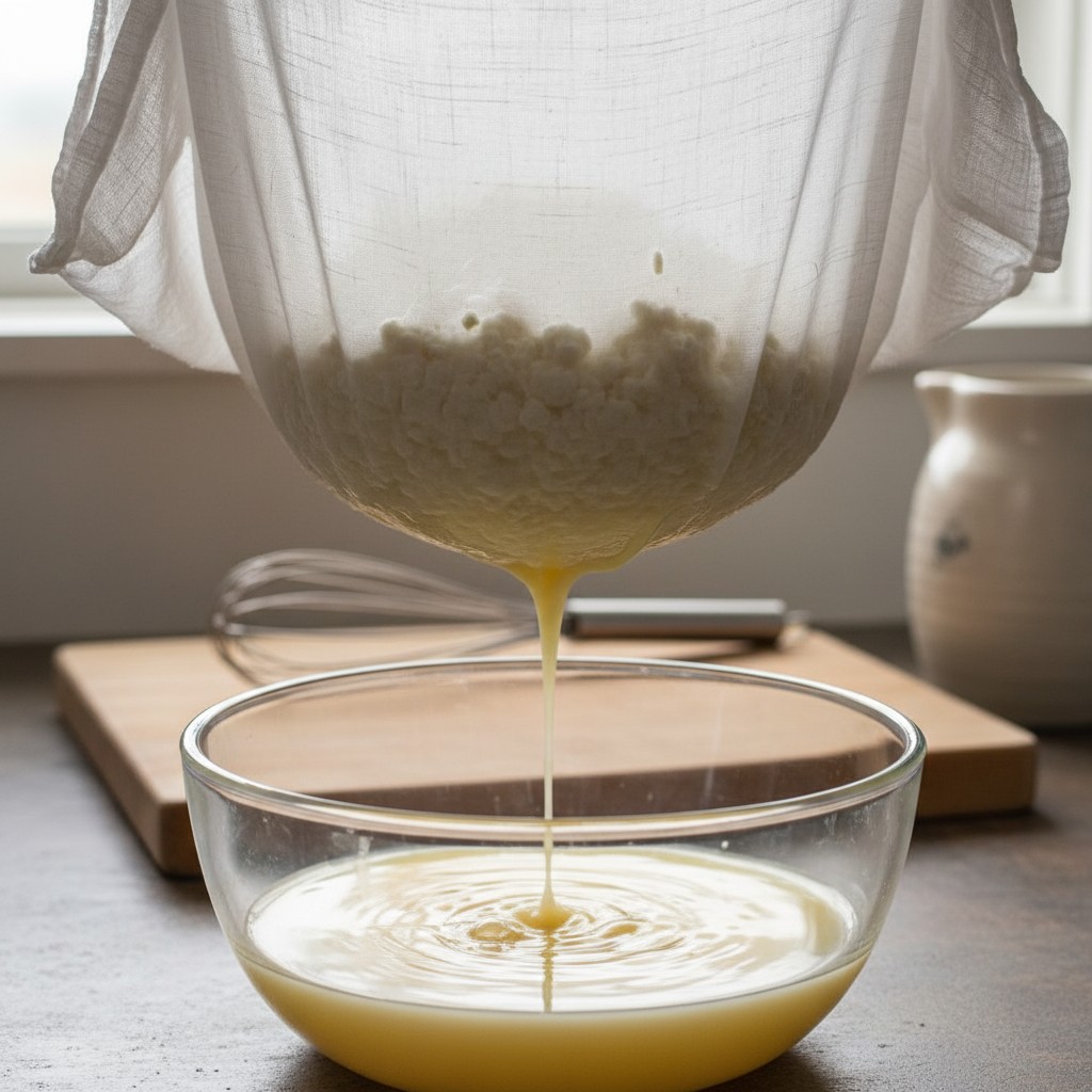 Curds being strained through cheesecloth