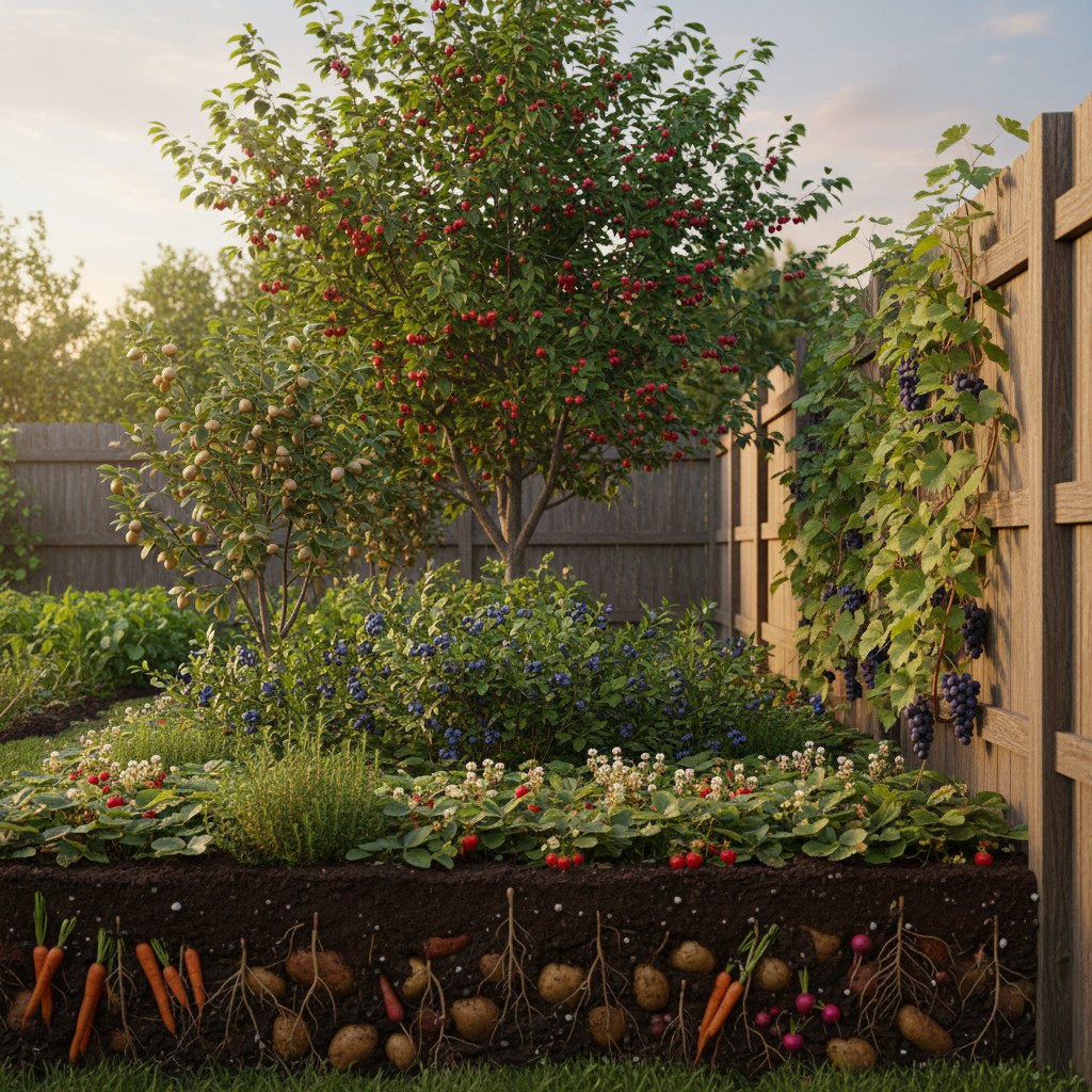 Cross-section showing food forest layers