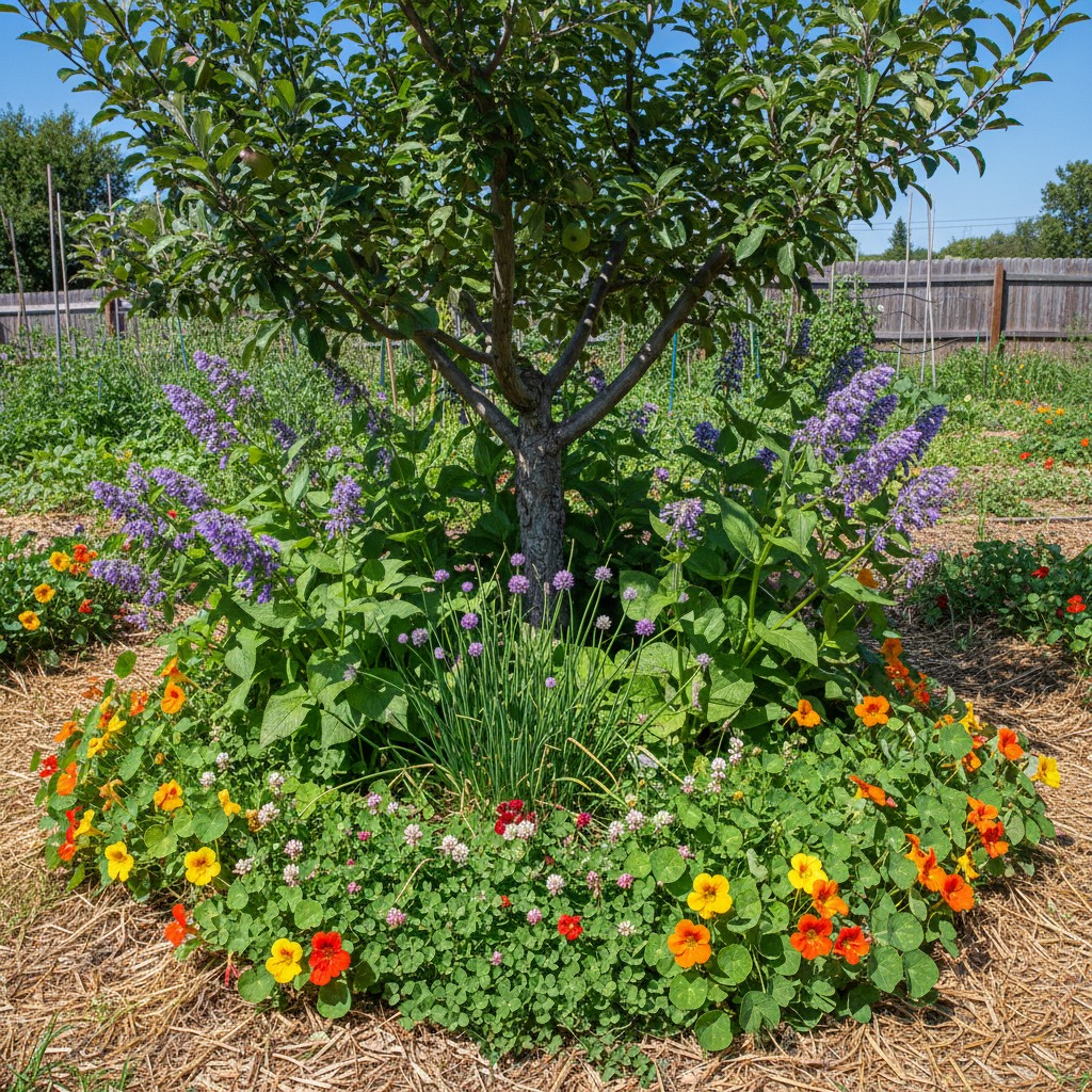 Apple tree guild with comfrey, clover, and chives