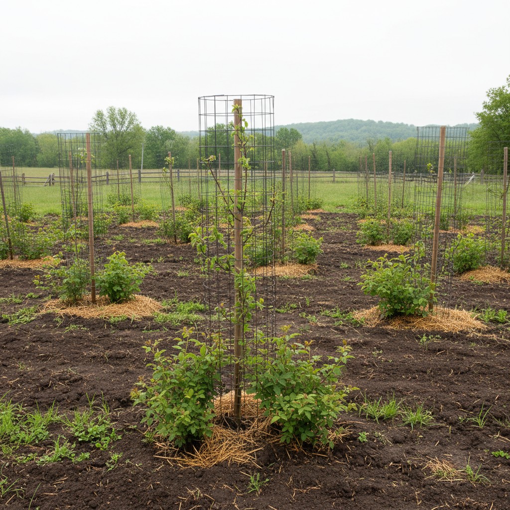 Newly planted food forest in year one