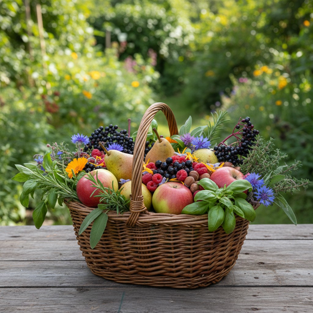 Basket of food forest harvest: apples, berries, herbs, nuts