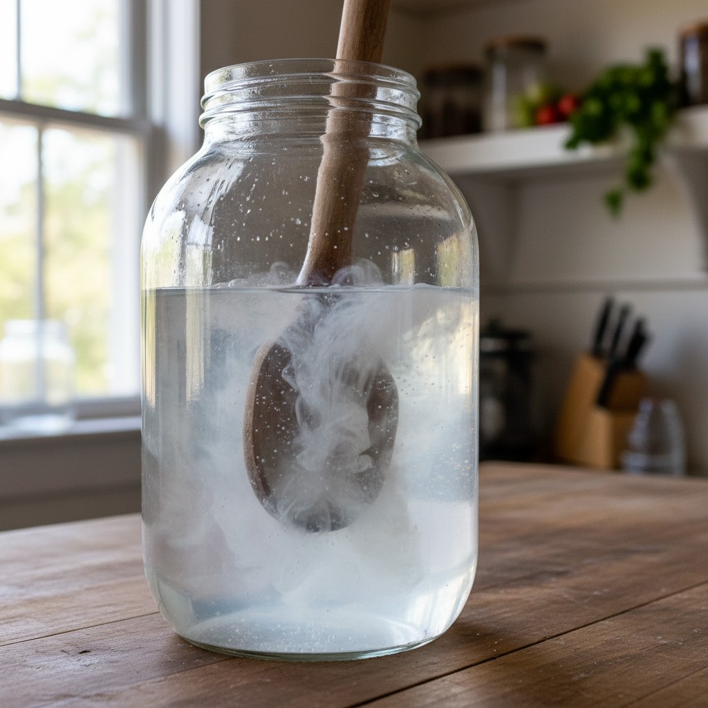 Pickling lime being mixed into water in a glass jar
