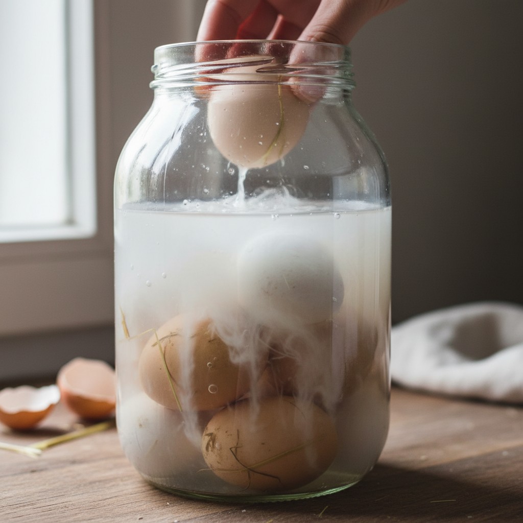 Eggs being lowered into water glassing solution
