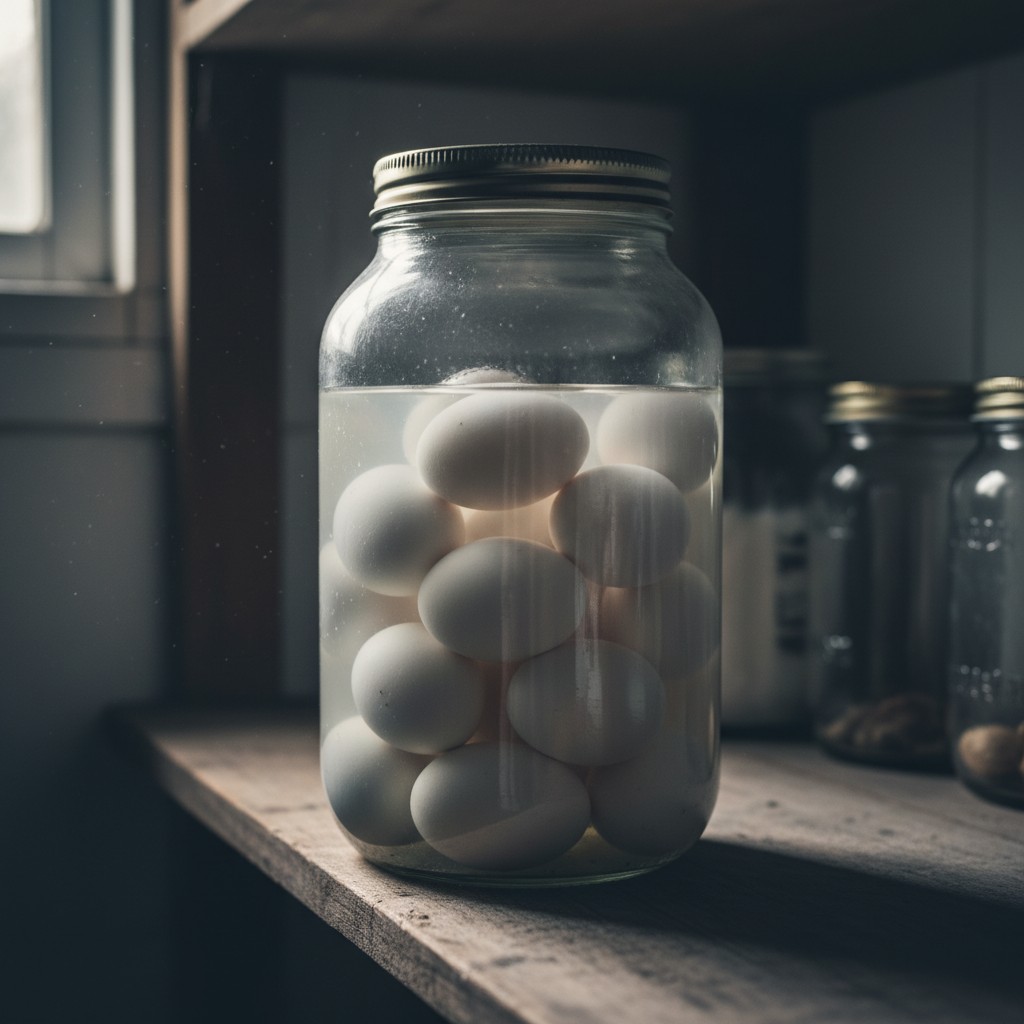 Sealed jar of water-glassed eggs on a pantry shelf