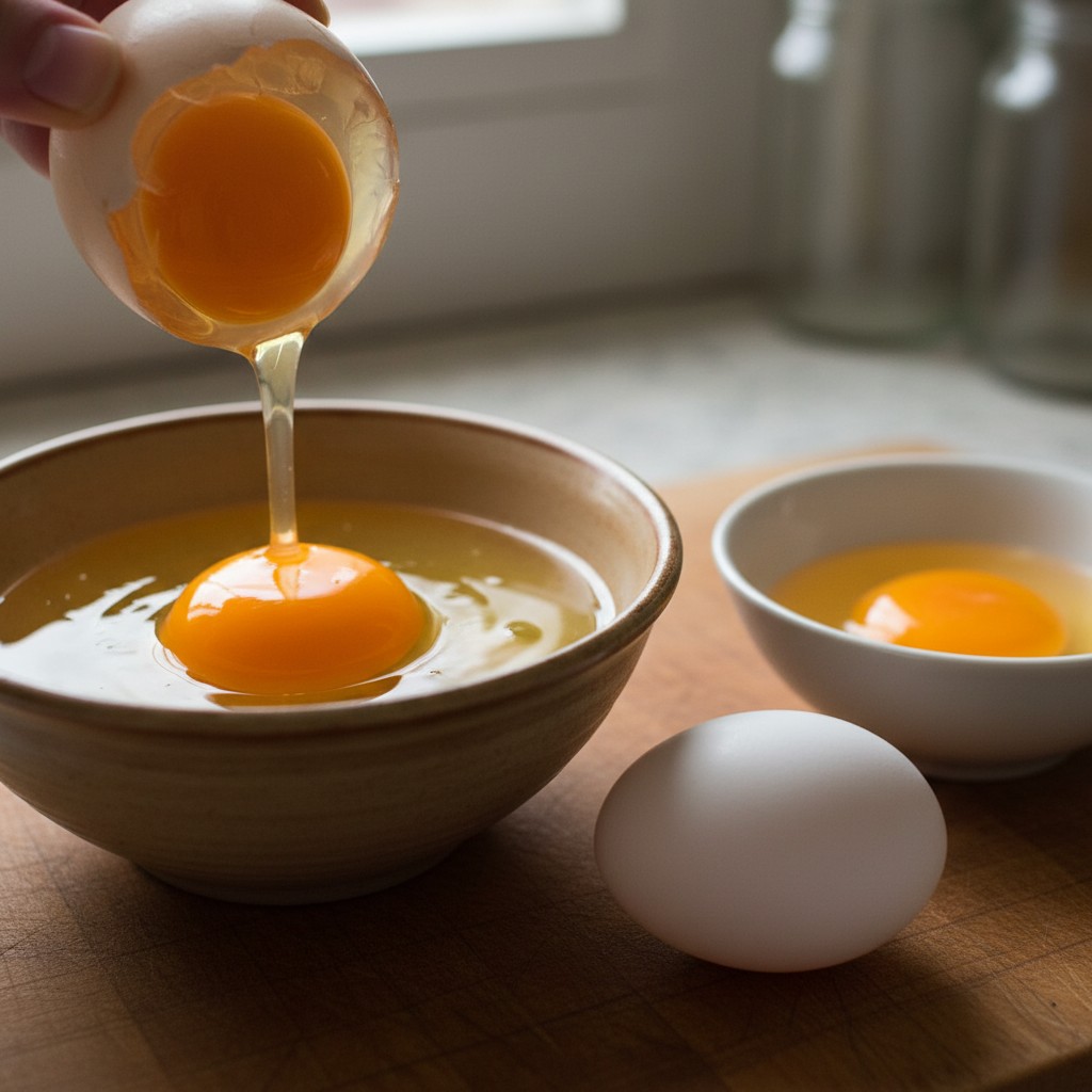 Water-glassed egg cracked into a bowl next to a fresh egg
