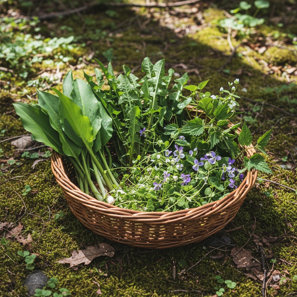 Foraging basket with ramps, dandelion greens, violets, and nettles