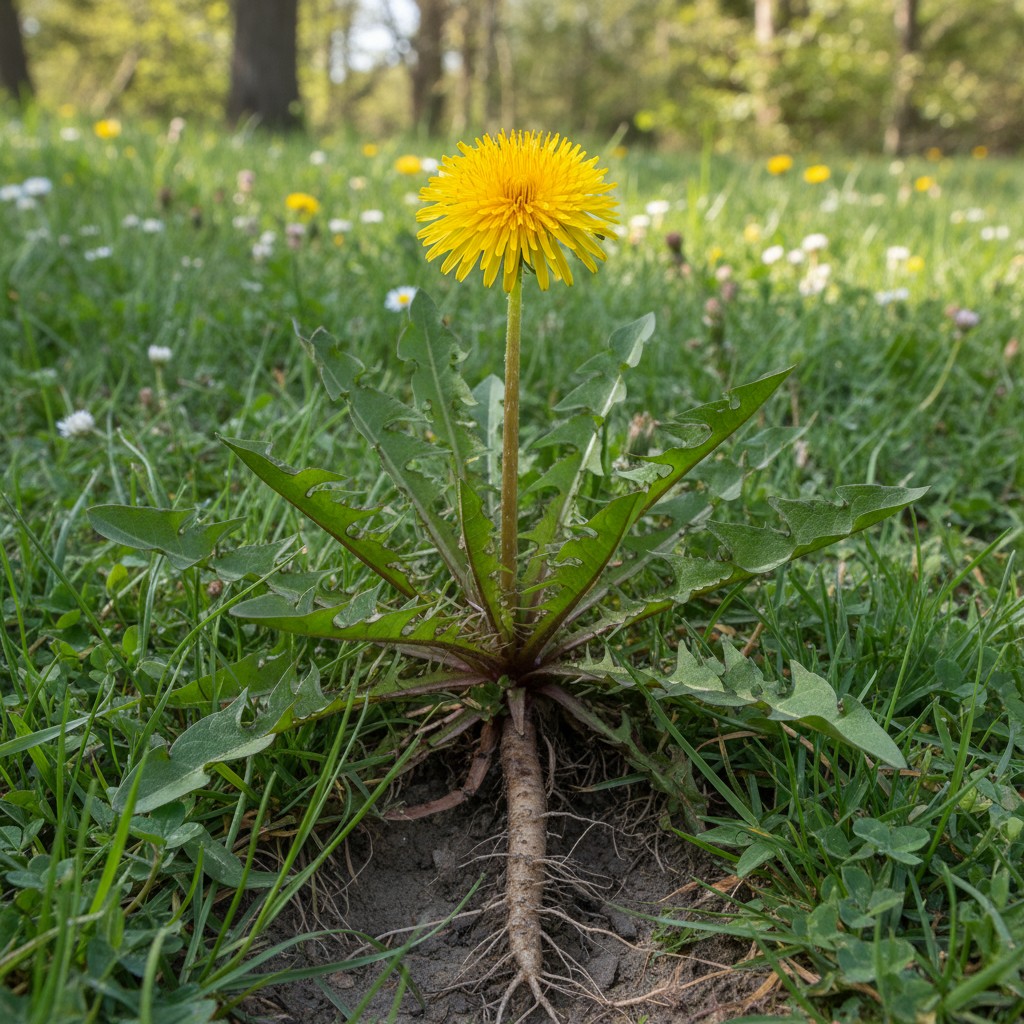 Dandelion plant showing leaves, flower, and taproot