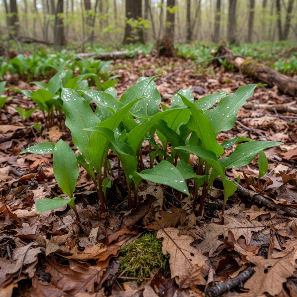 Wild ramps growing on a forest floor