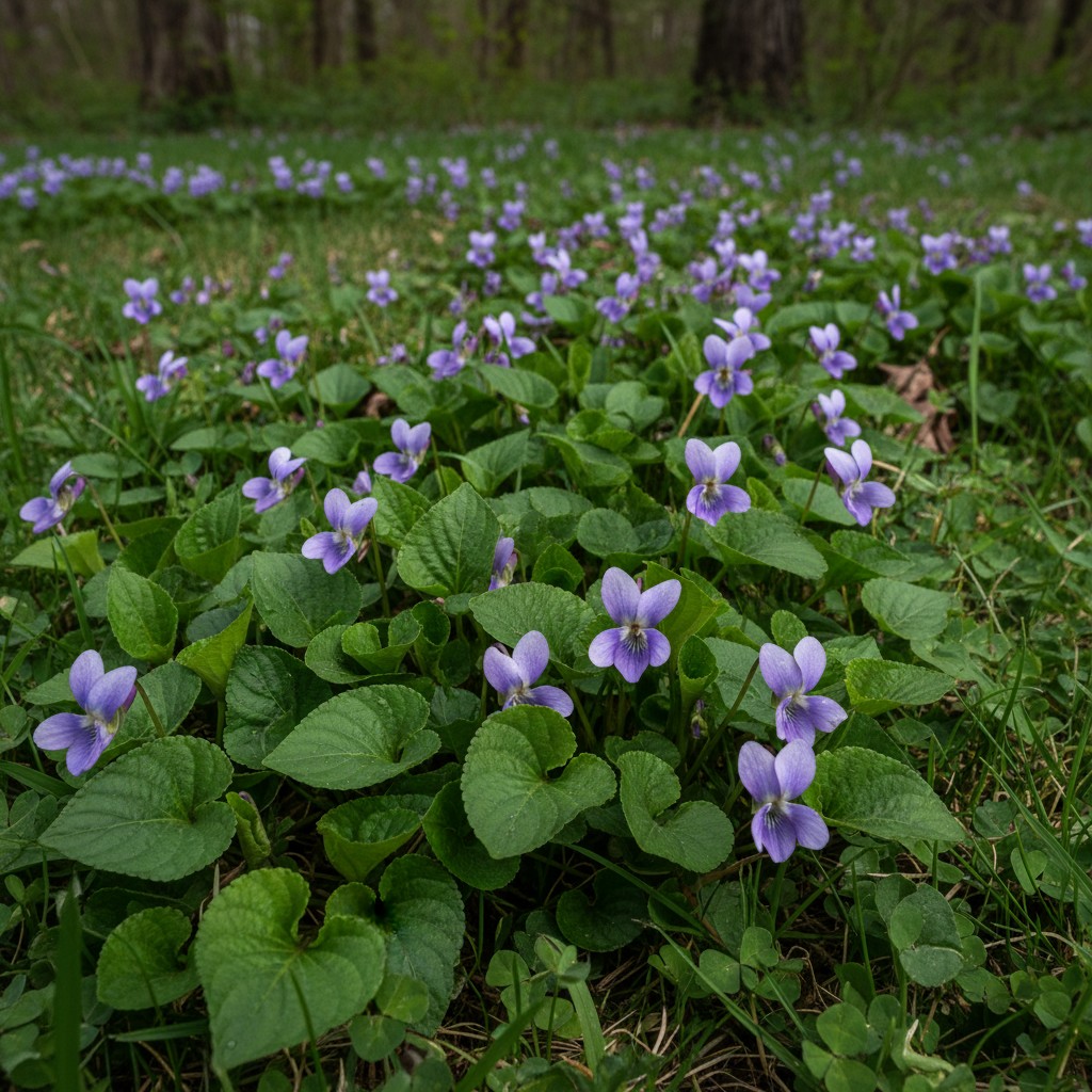 Wild violet flowers and heart-shaped leaves