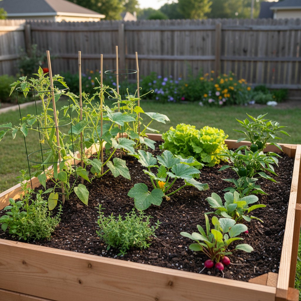 Simple first garden with 8 beginner crops in raised bed
