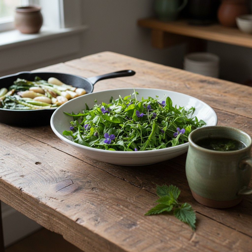 Prepared meal with foraged ingredients