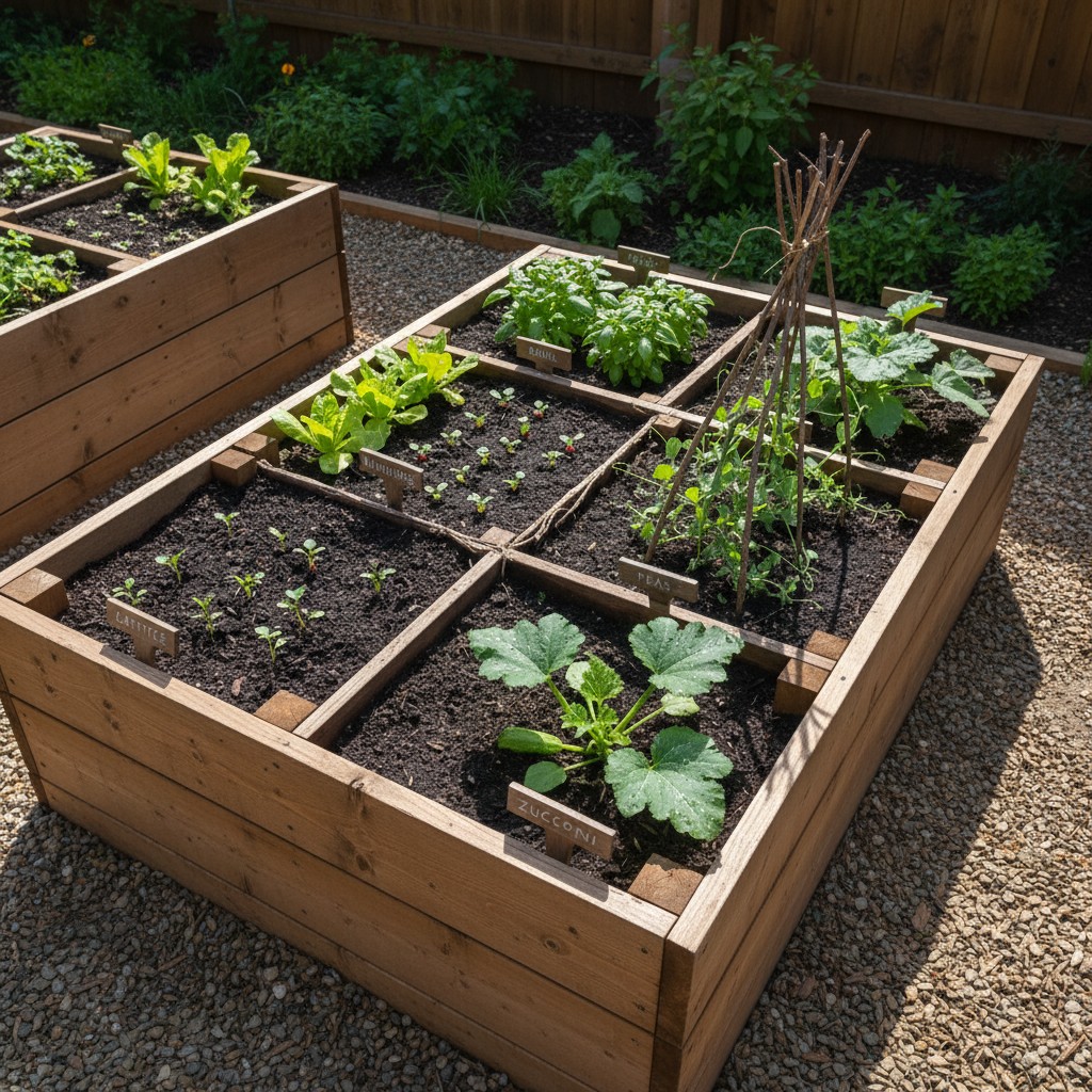 4x8 raised bed from above with organized layout