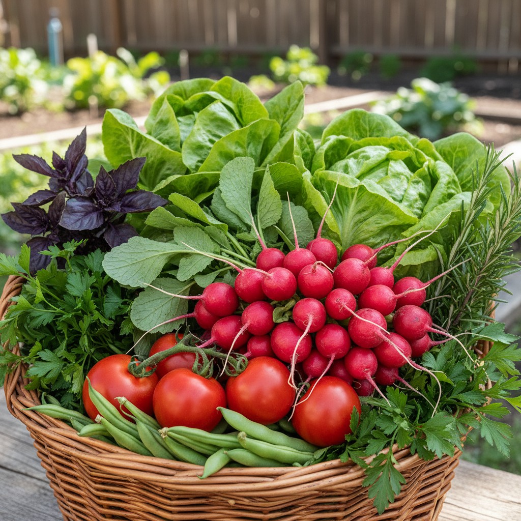 First harvest basket with radishes, lettuce, herbs