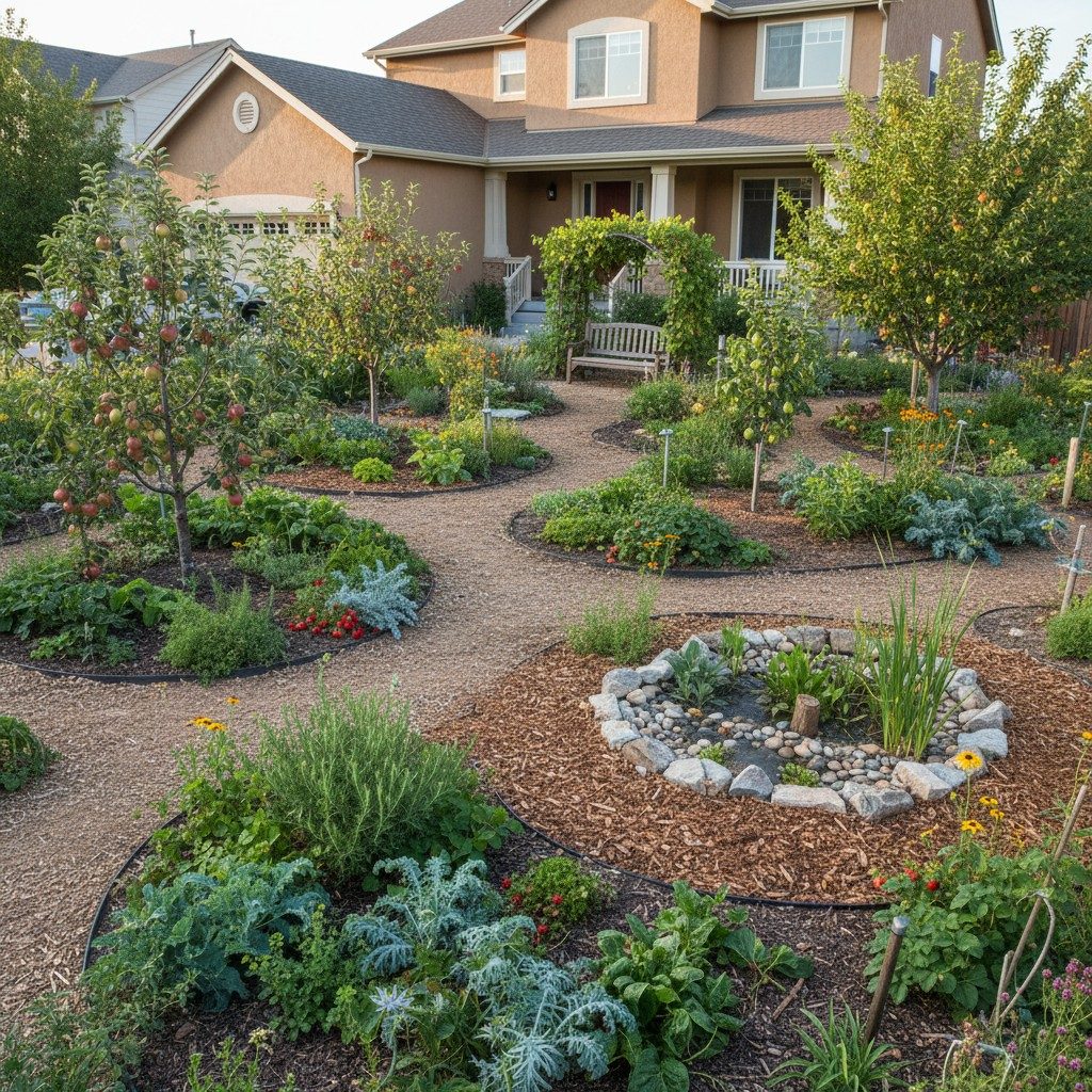 Suburban front yard converted to permaculture with fruit trees and edibles