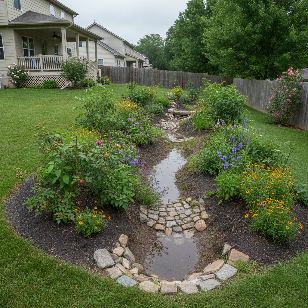 Rain garden swale capturing runoff with native plants