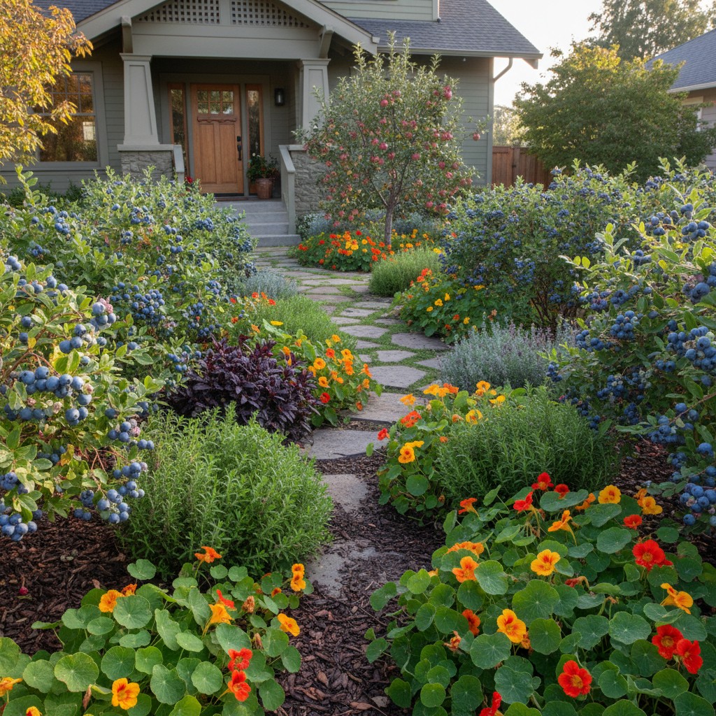 Edible front yard with blueberry hedge and herb border