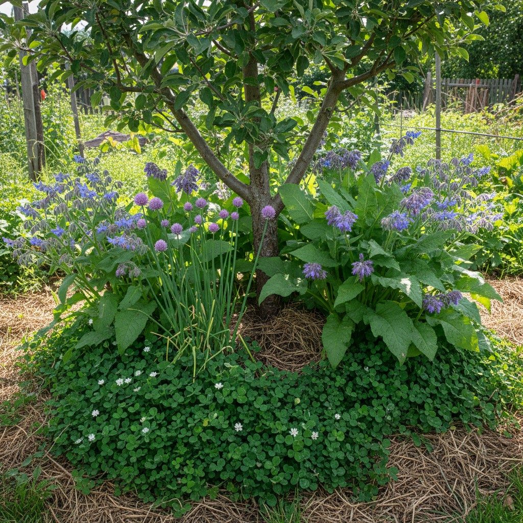Permaculture guild around a fruit tree