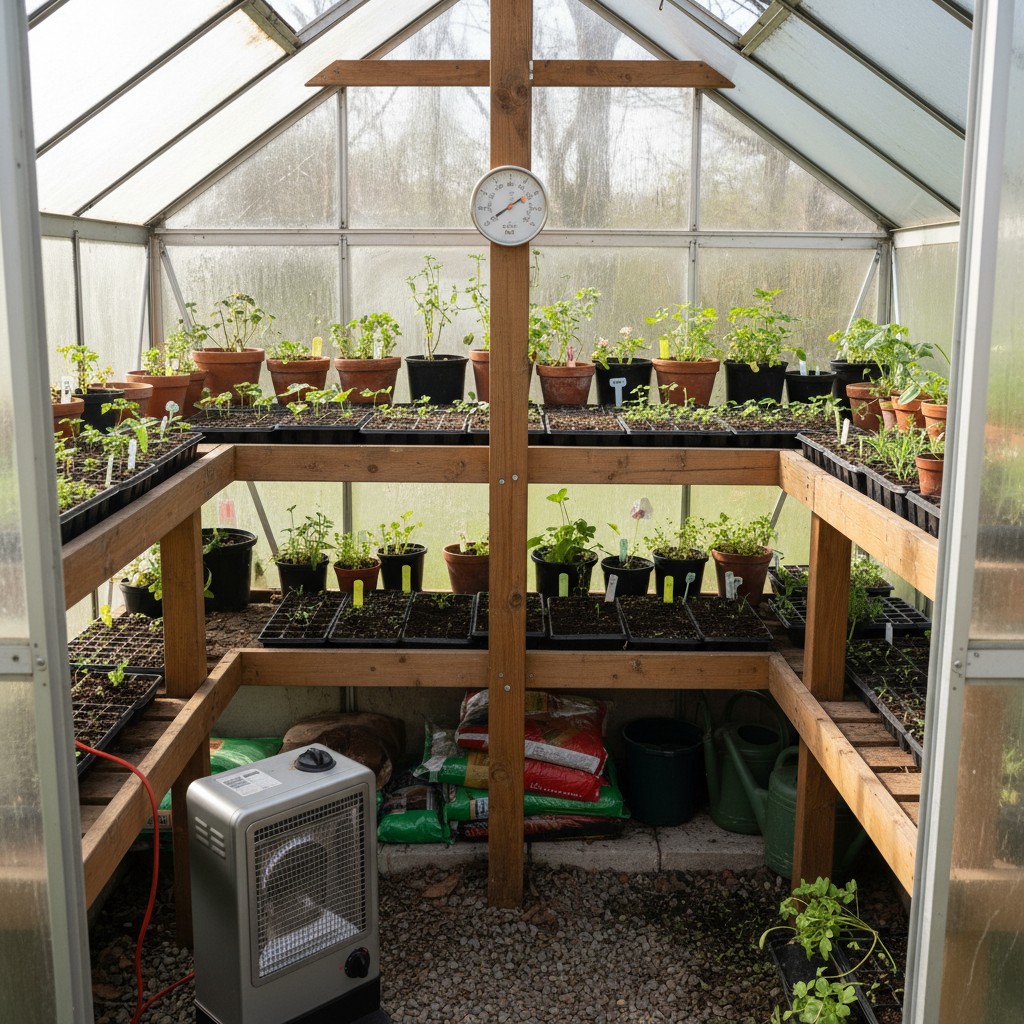 Inside a greenhouse with shelving and seed trays