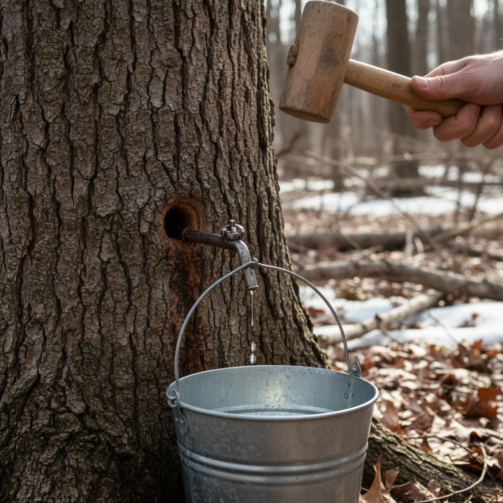 Maple tap being hammered into a drilled hole with bucket