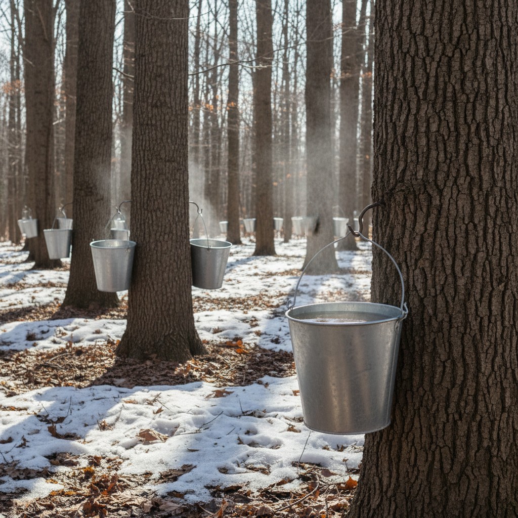Maple sap buckets on trees in a sugar bush
