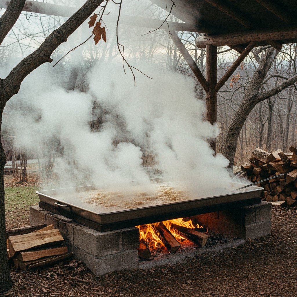 Maple sap boiling in a large pan over outdoor fire